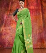 Green Cotton handwoven saree with resham pallu