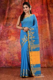 Blue Blended Cotton handwoven saree with texture design