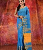 Blue Blended Cotton handwoven saree with texture design
