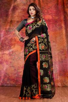 Black Linen handwoven soft saree with floral design