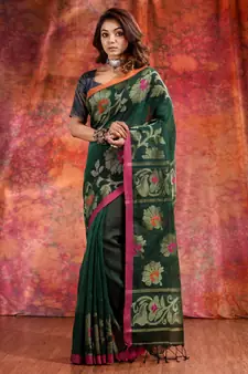 Green Linen handwoven soft saree with floral design