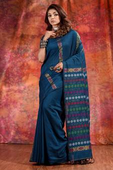 Teal Cotton soft handwoven saree with floral design in pallu
