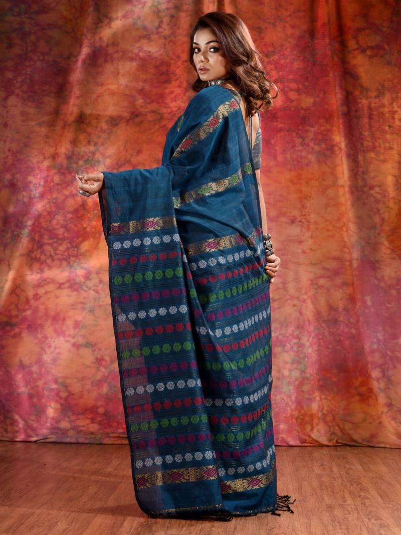 Teal Cotton soft handwoven saree with floral design in pallu