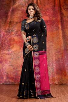 Black Blended Cotton handwoven soft saree with red aanchal
