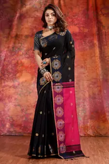 Black Blended Cotton handwoven soft saree with red aanchal