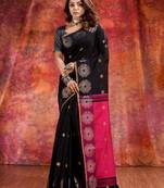 Black Blended Cotton handwoven soft saree with red aanchal
