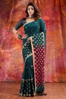 Green Cotton handwoven soft saree with floral border