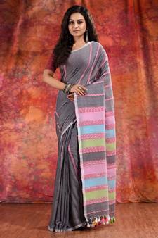 Grey Cotton Khesh soft handwoven saree