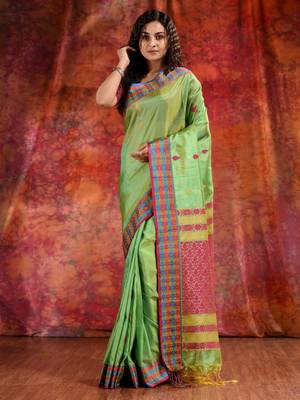 Lime Green Blended Tusser soft handwoven duel tone saree with geometric design in pallu 1