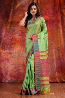 Lime Green Blended Tusser soft handwoven duel tone saree with geometric design in pallu