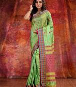 Lime Green Blended Tusser soft handwoven duel tone saree with geometric design in pallu