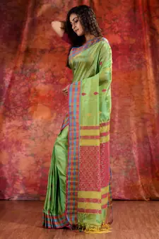Lime Green Blended Tusser soft handwoven duel tone saree with geometric design in pallu