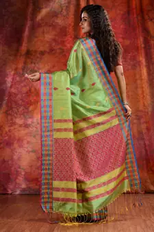 Lime Green Blended Tusser soft handwoven duel tone saree with geometric design in pallu