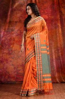 Orange Blended Tusser soft handwoven duel tone saree with geometric design in pallu