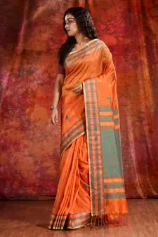 Orange Blended Tusser soft handwoven duel tone saree with geometric design in pallu