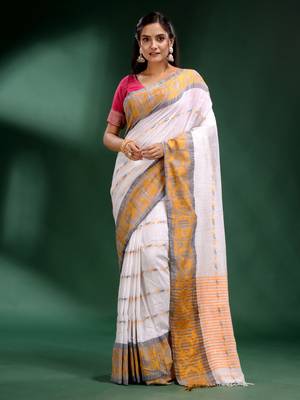 white handwoven cotton silk soft saree 1