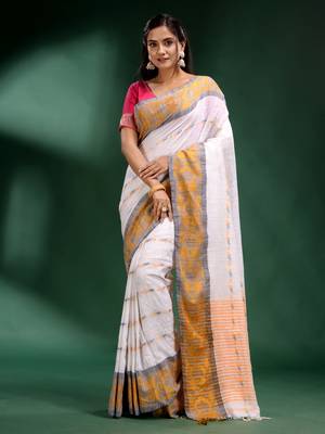 white handwoven cotton silk soft saree 2