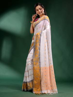 white handwoven cotton silk soft saree 3