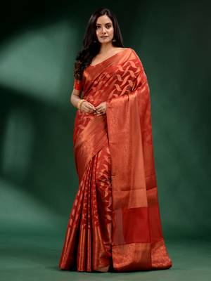 Red Organza handwoven soft saree 1