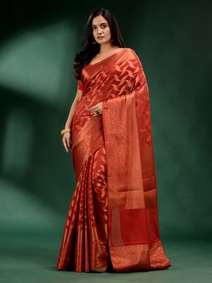 Red Organza handwoven soft saree 2