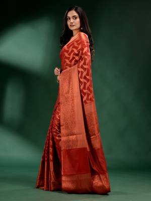 Red Organza handwoven soft saree 3