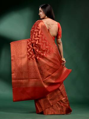 Red Organza handwoven soft saree 4