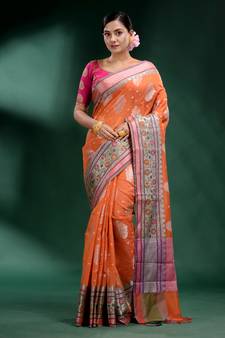 Orange Pure Silk handwoven soft saree