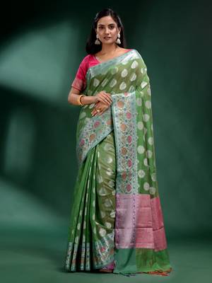 Green Pure Silk handwoven soft saree 1