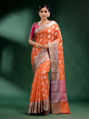 Orange Pure Silk handwoven soft saree 1