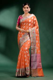 Orange Pure Silk handwoven soft saree