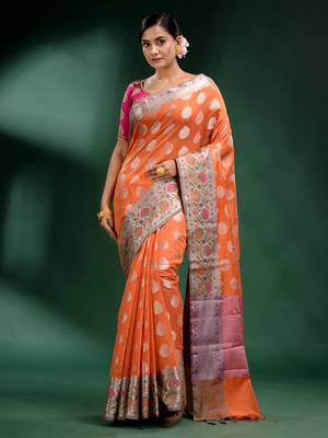 Orange Pure Silk handwoven soft saree 2