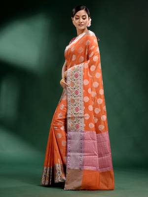 Orange Pure Silk handwoven soft saree 3
