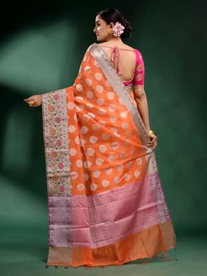 Orange Pure Silk handwoven soft saree 4