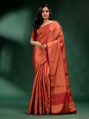 Brick Red Pure Silk handwoven soft saree 1