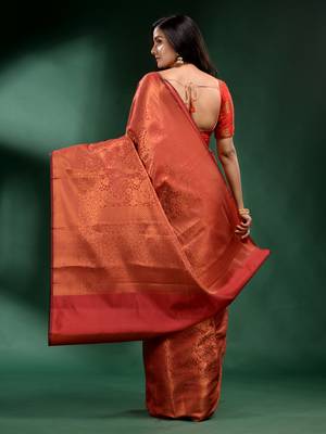 Brick Red Pure Silk handwoven soft saree 4