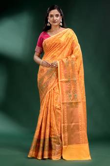 Yellow Pure Silk handwoven soft saree