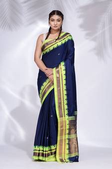 Navy Blue Silk handwoven soft saree with geometric border