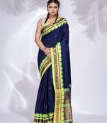Navy Blue Silk handwoven soft saree with geometric border