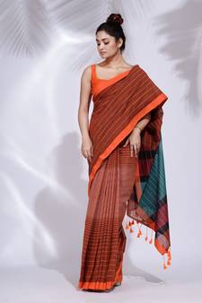 Brown Pure Cotton handwoven saree with stripe design