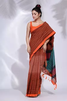 Brown Pure Cotton handwoven saree with stripe design