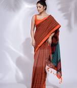 Brown Pure Cotton handwoven saree with stripe design