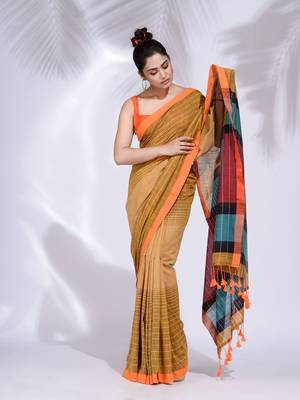 Mustard Pure Cotton handwoven saree with stripe design 1
