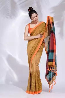 Mustard Pure Cotton handwoven saree with stripe design