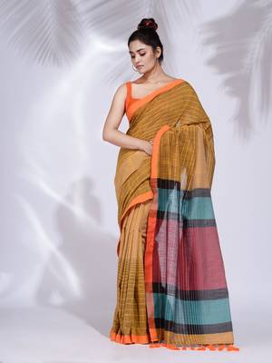 Mustard Pure Cotton handwoven saree with stripe design 2
