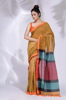 Mustard Pure Cotton handwoven saree with stripe design