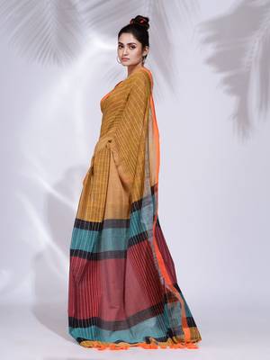 Mustard Pure Cotton handwoven saree with stripe design 3