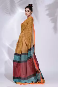 Mustard Pure Cotton handwoven saree with stripe design