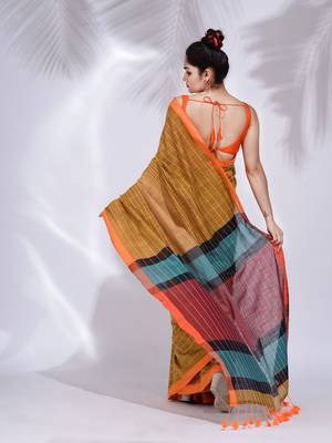 Mustard Pure Cotton handwoven saree with stripe design 4