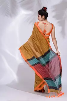 Mustard Pure Cotton handwoven saree with stripe design