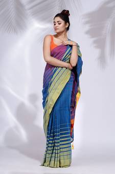 Blue Pure Cotton handwoven saree with stripe Border